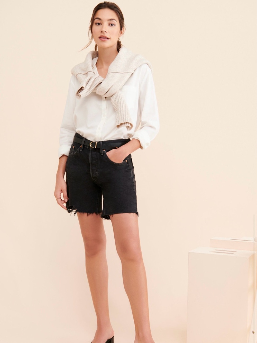 Levi’s 501 High-Waist Black Denim Cutoff Shorts mid thigh